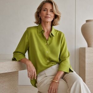 Pistachio Chartreuse Green Silk Twill Button Up Shirt Quiet Luxury Chic Size L